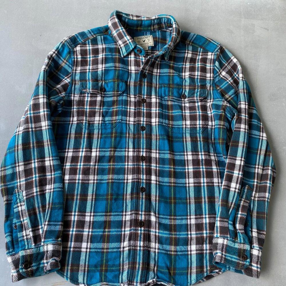 American Eagle Shirt Mens Large Blue‎ Plaid Button Up Long Sleeve